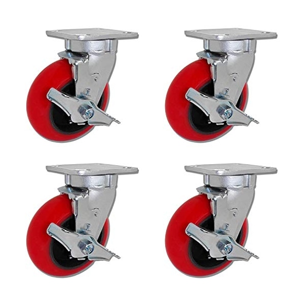 Caster Barn, 4"x2" Swivel Caster W/Brakes, Red Crowned Po, PK4